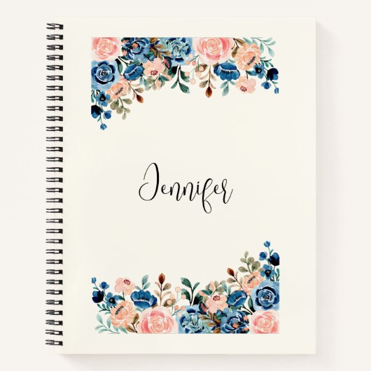 Carnet Fleurs d'aquarelle rose et bleu (Devant)