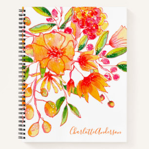 Carnet Fleurs d'aquarelle vintage en orange personnalisée