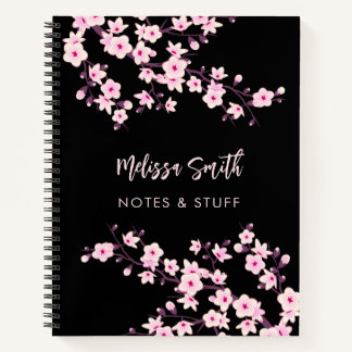 Carnet Fleurs de cerisier rose noir Votre Nom