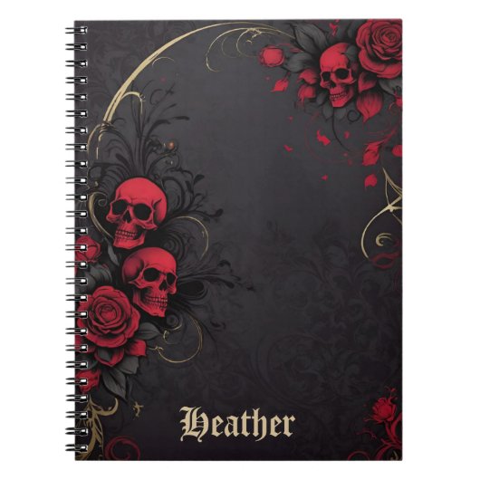 Carnet Fleurs de crânes gothiques sombres Rose noire et r (Devant)
