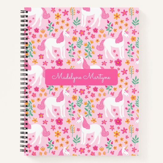Carnet Fleurs de licorne mignonnes Nom personnalisé Rose (Devant)