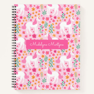Carnet Fleurs de licorne mignonnes rose nom personnalisé