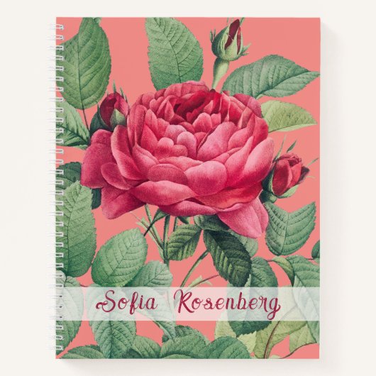 Carnet Fleurs de rose rouge avec Monogramme Feuille vert (Devant)