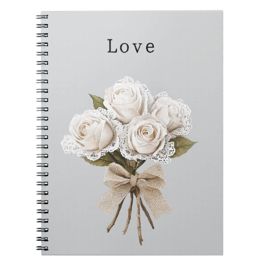 Carnet Fleurs de roses blanches en faux lace gris Pretty (Devant)