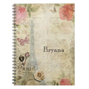 Carnet Fleurs de roses roses vintage Paris serrure et clé