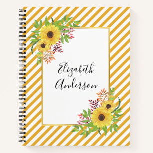 Carnet Fleurs de soleil aquarelle, rayures jaunes et blan
