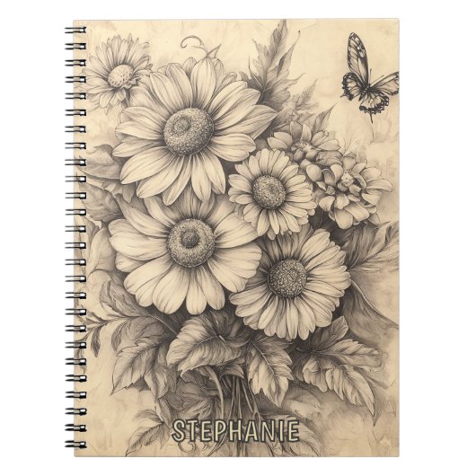 Carnet Fleurs de soleil et papillon - Papier vieilli rust (Devant)