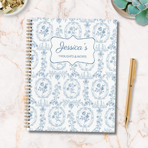Carnet Fleurs de vintage bleues et blanches personnalisée