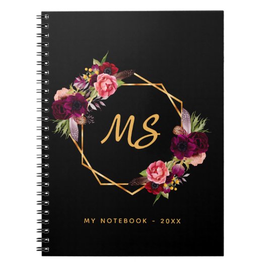 Carnet Fleurs d'or noir monogramme géométrique bordeaux (Devant)