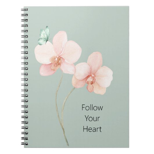 Carnet Fleurs d'orchidée rose papillon vert menthe (Devant)