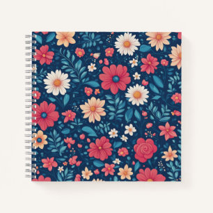 Carnet Fleurs et feuillage stylisés rouge blanc et bleu