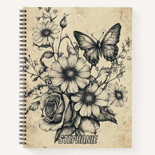 Carnet Fleurs et papillons rustiques - Papier vieilli (6) (Devant)