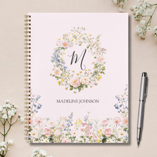 Carnet Fleurs Florales Rose Bleu Aquarelle Monogramme