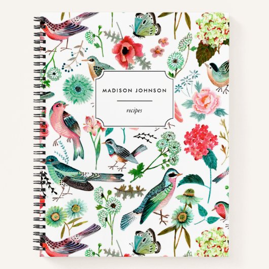 Carnet Fleurs florales rose botanique Oiseaux Motif (Devant)