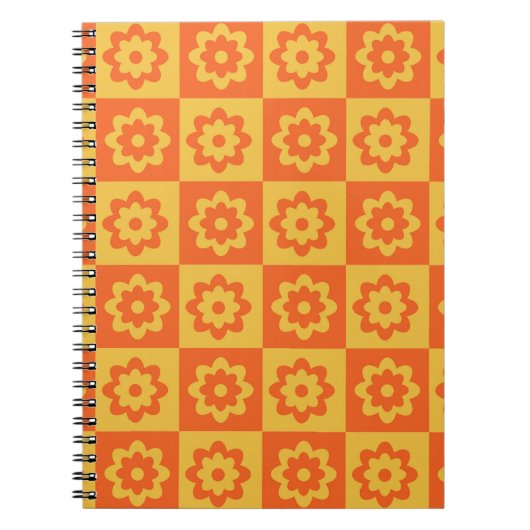 Carnet Fleurs hippies rétro sur damier jaune orange (Devant)