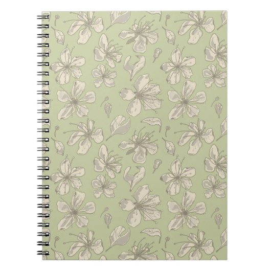 Carnet Fleurs jetées sur vert olive - motif sans soudure. (Devant)