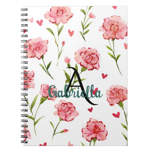 Carnet Fleurs Monogramme Noms Cœurs Rouges (Devant)
