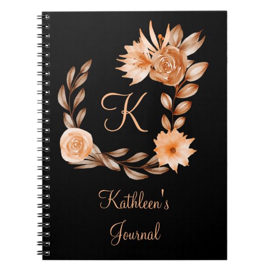 Carnet Fleurs noir marron et pêche avec monogramme (Devant)