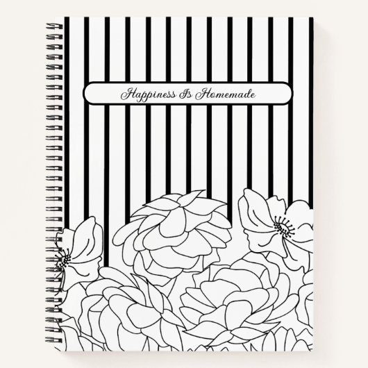 Carnet Fleurs noires et blanches avec des rayures (Devant)