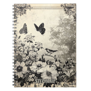 Carnet Fleurs, oiseaux et papillons sur papier vieilli (3