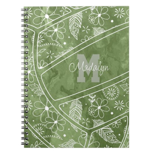Carnet fleurs plumes paislies volleyball vert (Devant)