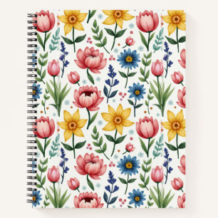 Carnet Fleurs printanières en bleu rose et jaune