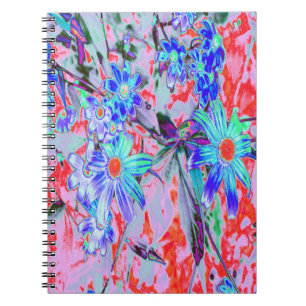 Carnet Fleurs rétro psychédéliques aqua vert et orange