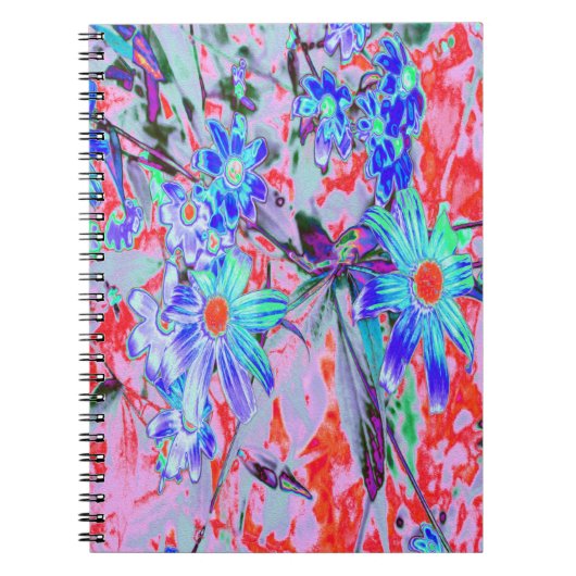 Carnet Fleurs rétro psychédéliques aqua vert et orange (Devant)