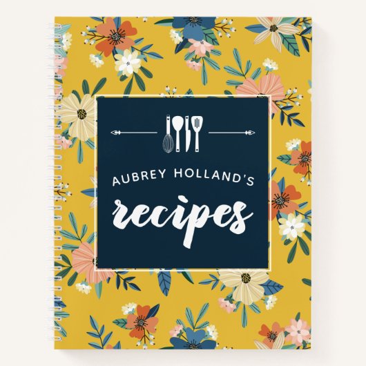 Carnet Fleurs rétro Recettes de motifs floraux bleu jaune (Devant)