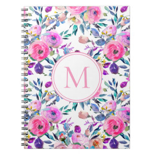 Carnet Fleurs rose violet monogramme personnalisé