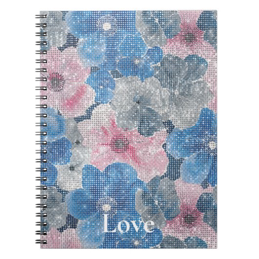 Carnet Fleurs roses bleues scintillent (Devant)