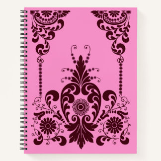 Carnet fleurs roses et impression de volutes