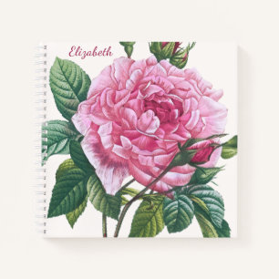 Carnet Fleurs roses roses avec Monogramme Feuille vert
