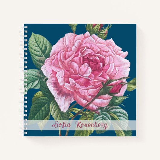 Carnet Fleurs roses roses avec Monogramme Feuille vert (Devant)