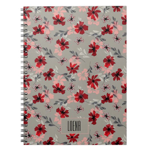Carnet Fleurs roses rouges sur un fond gris. (Devant)