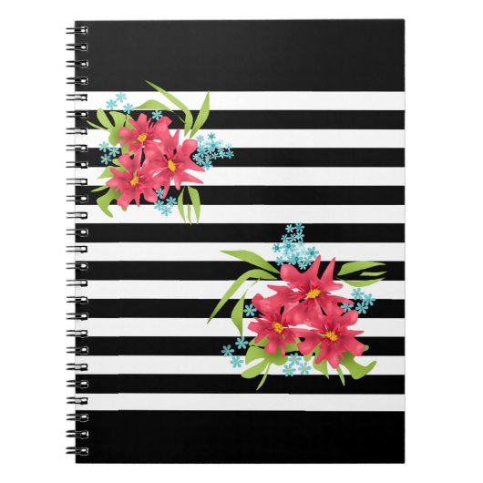 Carnet Fleurs roses sans joint floral noir blanc rayé l (Devant)