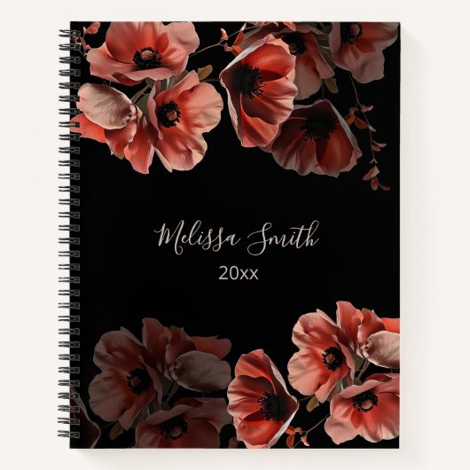 Carnet Fleurs Rouges Noires | Votre Nom (Devant)