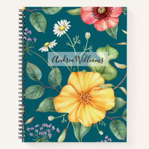Carnet Fleurs sauvages dessin vintage sarcelle / nature