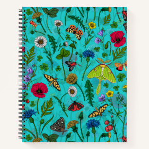 Carnet Fleurs sauvages et papillons de nuit sur turquoise