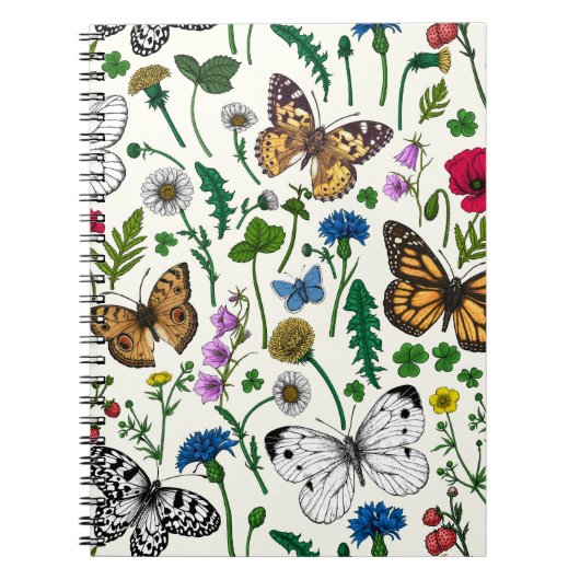 Carnet Fleurs sauvages et papillons sur blanc (Devant)