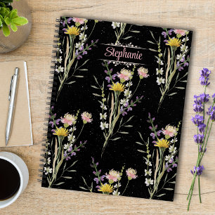 Carnet Fleurs sauvages floraux noirs modernes