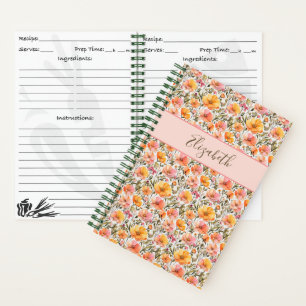 Carnet Fleurs sauvages monogrammées rose jaune orange Liv