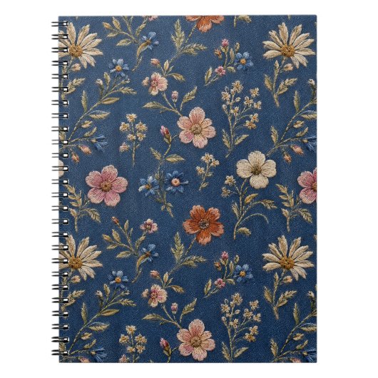 Carnet Fleurs sauvages simples brodées sur fond de denim (Devant)