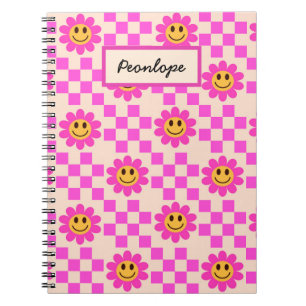 Carnet Fleurs souriantes rose chaud à carreaux personnali