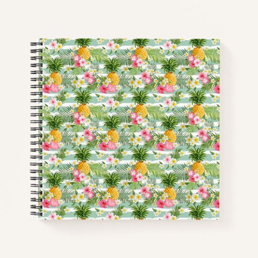 Carnet Fleurs tropicales et ananas sur bandes Turquoises (Devant)