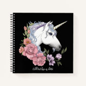 Carnet Fleurs Unicorne Blanches Rose Noir (Devant)