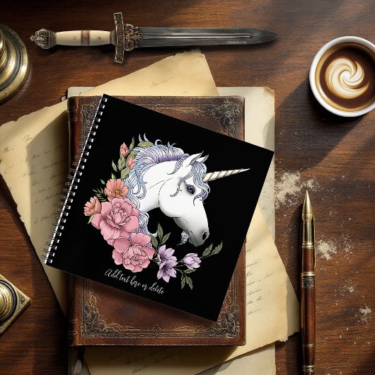 Carnet Fleurs Unicorne Blanches Rose Noir