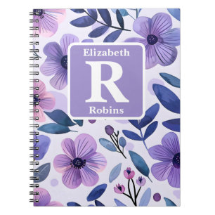 Carnet Fleurs violettes peintes à la main monogramme pers