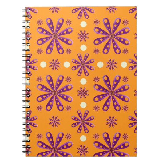 Carnet Fleurs violettes rétro sur fond orange (Devant)