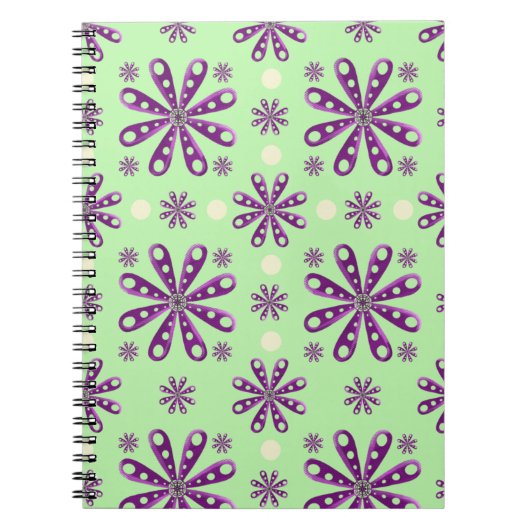 Carnet Fleurs violettes rétro sur fond vert (Devant)